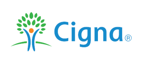 Cigna insurance company logo featuring stylized blue figure with green leaf design