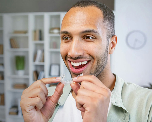 Man flossing teeth in bright dental office setting, smiling at camera.