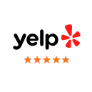 Yelp logo with five gold stars indicating excellent customer rating for Sunridge Dental Care