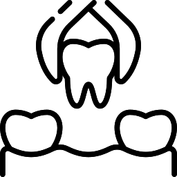 Tooth icon with roots above two healthy teeth, representing dental care and oral health treatment.