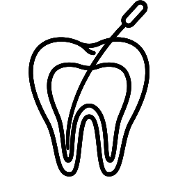 Tooth cross-section diagram with dental drill tool, illustrating endodontic or root canal treatment procedure.