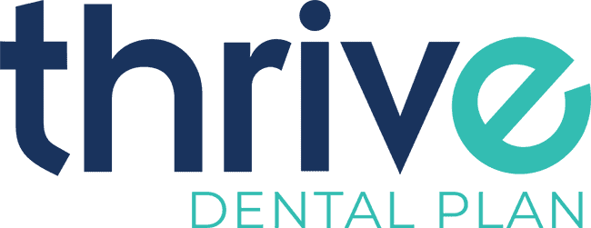 Thrive Dental Plan logo with navy text and teal accent mark on white background.