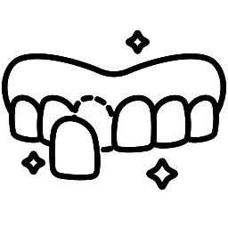 Dental prosthetics icon showing dentures with sparkle symbols indicating cleanliness and brightness.